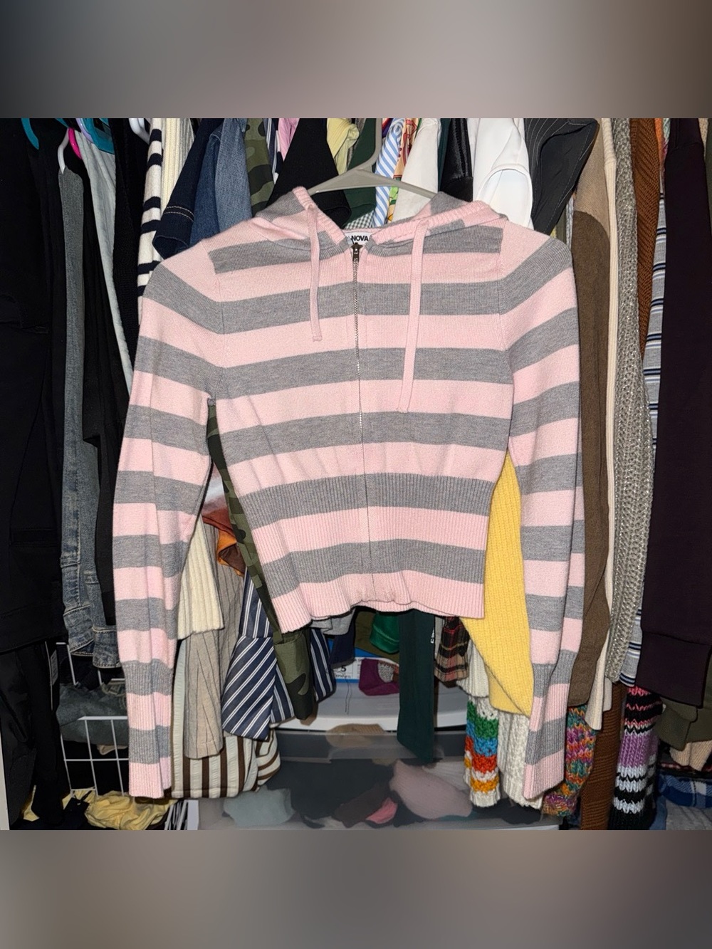 Fashion Nova Pink & Gray Striped Zip Hoodie